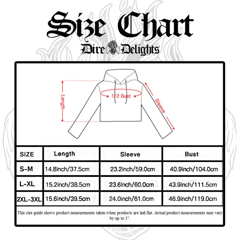 May include: Size chart for a hoodie with measurements in inches and centimeters. The chart shows the length, sleeve length, and bust measurements for sizes S-M, L-XL, and 2XL-3XL.