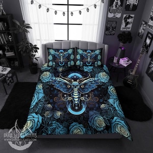 Blue Skull Moth 4 Piece Black Bedding Set,Goth Esoteric Roses,Witchcraft, Magic,Incantation,Wicca Duvet Cover Pillow Cases,Mystic Ancestral