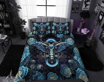 Blue Skull Moth 4 Piece Black Bedding Set,Goth Esoteric Roses,Witchcraft, Magic,Incantation,Wicca Duvet Cover Pillow Cases,Mystic Ancestral