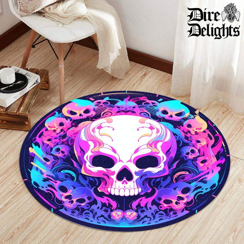 A Rug Hell Hardcore Neon Skull Round Rug, Hell Mat, Satanic Carpet, Skulls Rug ...