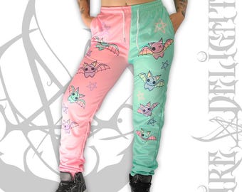 Two Tone Unisex Pants S-4XL,Goth Contrasting BPastel Goth Kawaii Bats Joggers, Trousers With Pockets,Two Halves Dual Color Joggers