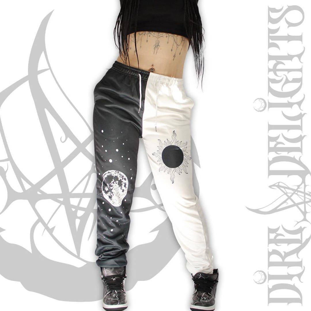 Goth Contrasting Two Tone Sun Moon Unisex Pants S-4XL, Black