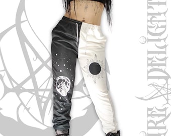Goth Contrasting Two Tone Sun Moon Unisex Pants S-4XL, Black And White Joggers, Two Tone Trousers With Pockets,Two Halves Dual Color Joggers
