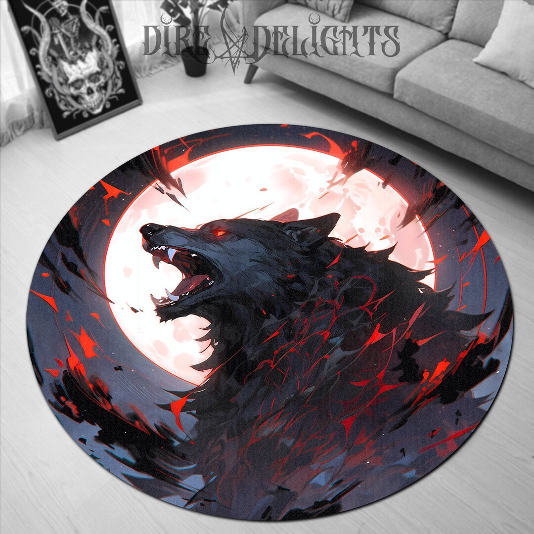 Anime Werewolf Howling on Red Moon Round Rug, Feral Anime Wolf Round ...