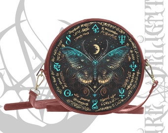 Bolso de hombro redondo de polilla de hadas, bolso gótico con cremallera, bolso harajuku gótico oscuro, bolso de hombro Wicca, bolso gótico de brujería, bolso de runas