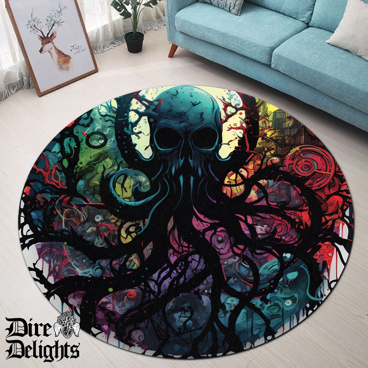 Black Skull Kraken Round Floor Mat, Tentacled Horror Carpet, Lovecraftian Home Decor, Gothic Floor Rug, Dark Mythical Creature Door Mat