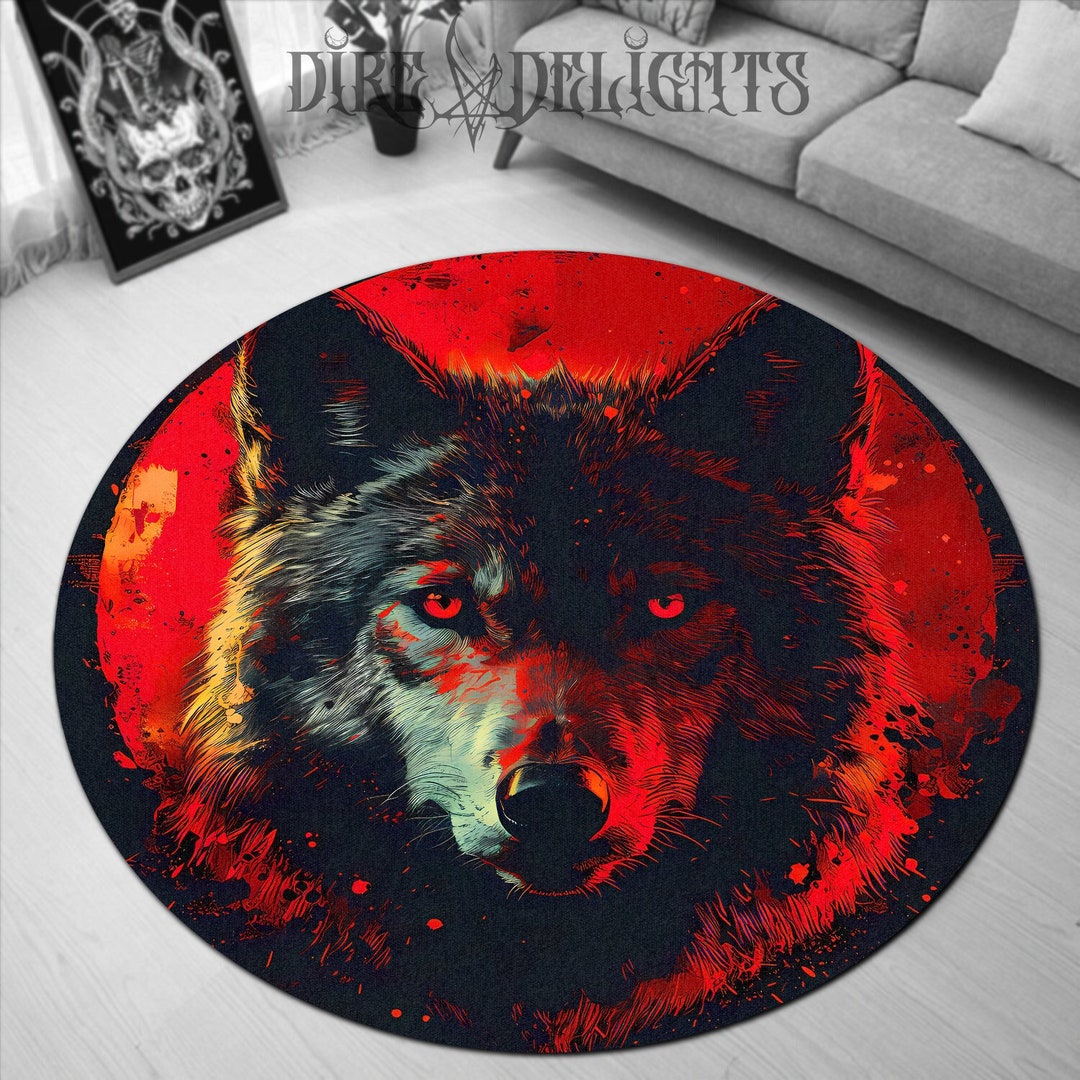 Blood Moon Rug Wolf Red Moon Round Rug, Blood Moon Wolf Floor Mat, Red Background Wolf ...