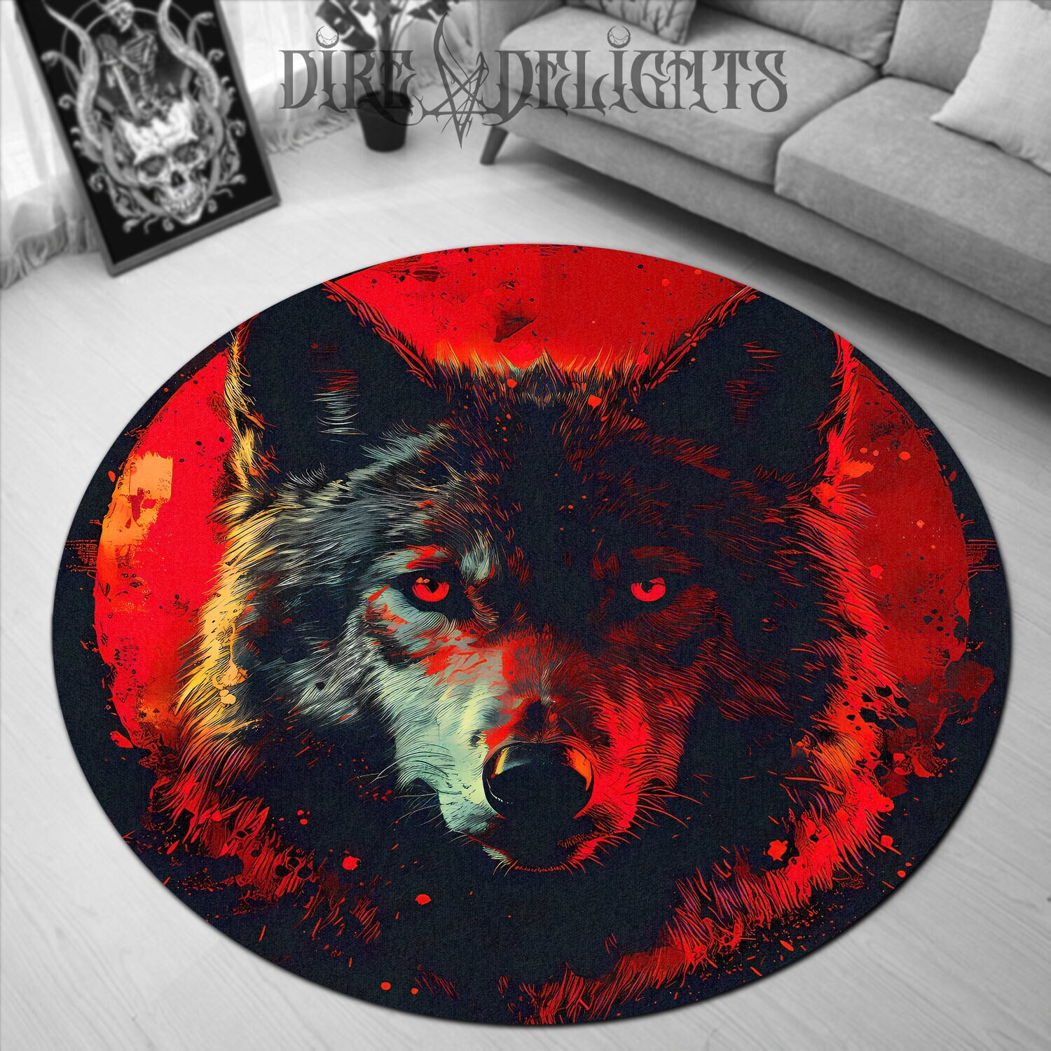 Lycan Rug Wolf Red Moon Round Rug, Blood Moon Wolf Floor Mat, Red Background Wolf ...