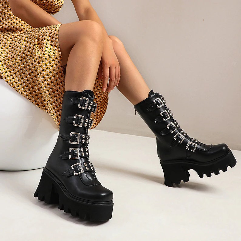 Rock Knee High Boots With Platform High Heels Leather Womens | Etsy