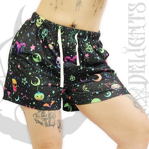 Gothic Rave Psychedelic Neon Oversized Shorts,Festival Shorts,Punk Rock Harajuku Shorts,Goth Elements, Witch Shorts Pants,Neon Goth Pants