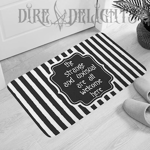 The Strange And Unusual Are All Welcome Here Door Mat, Freak Rug, Halloween Door Mat, Trippy Stripped Black White Mystic Mat