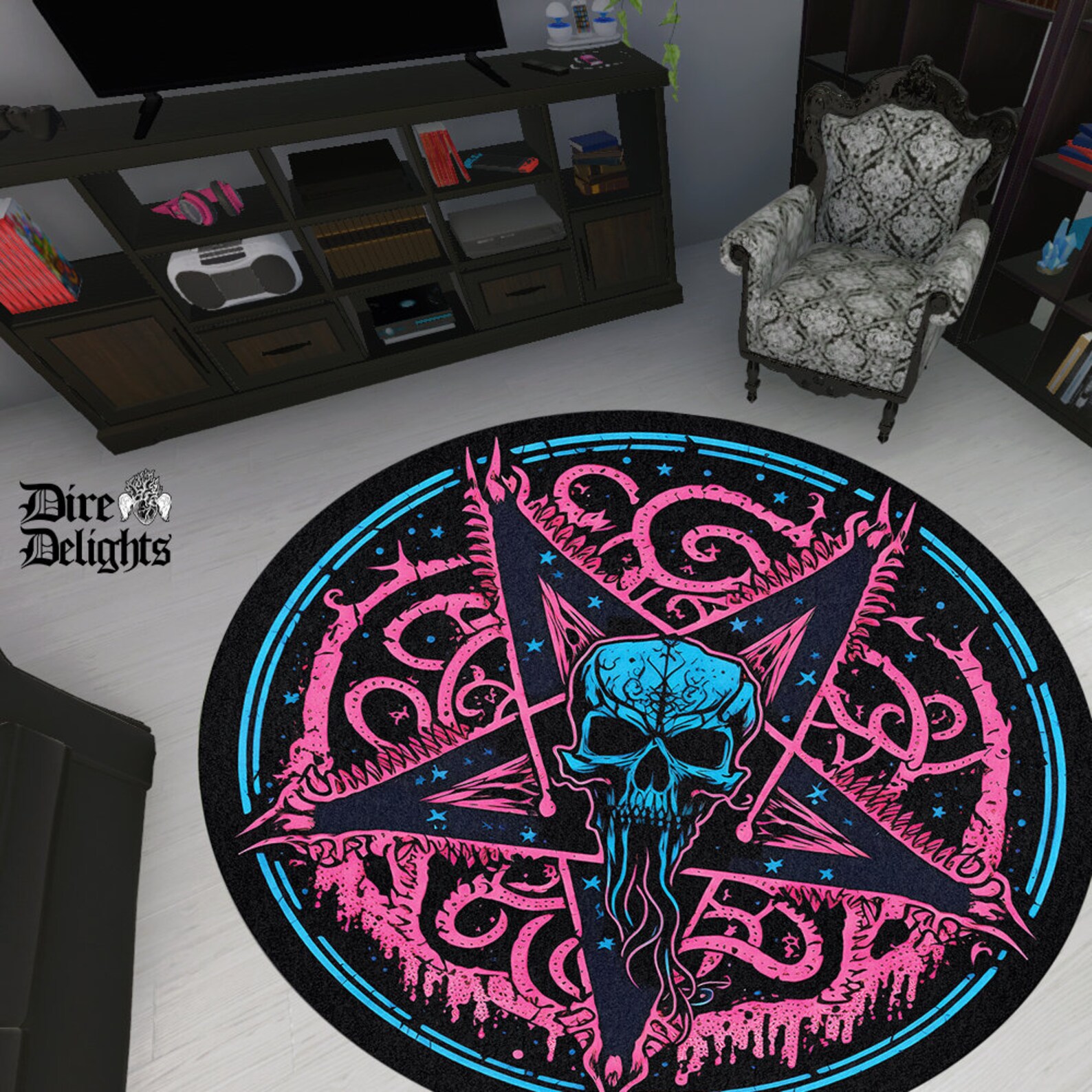 Pentagram Cthulhu Skull Round Rug, Lovecraftian Magic Circle Carpet ...