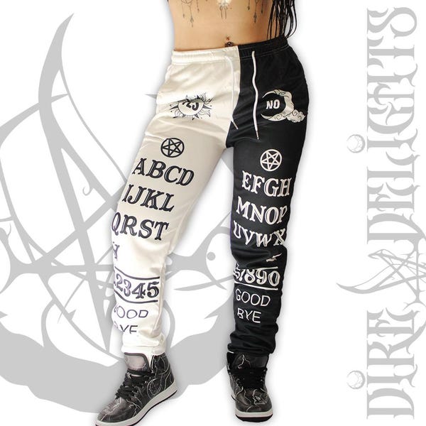 Goth Contrasting Two Tone Ouija Unisex Pants S-4XL, Black And White Joggers, Two Tone Trousers With Pockets,Two Halves Dual Color Joggers
