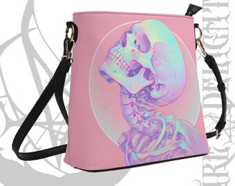 Bolso de hombro de piel sintética con diseño de esqueleto gótico pastel, bolso gótico kawaii, bolso de calavera neón, bolso de bruja, bolso de hombro emo, bolso Harajuku gótico pastel