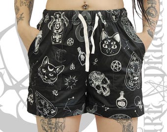 Alt Goth Shorts with Pokets, Witchy Snake Pentagram Moon Cat Print,Gothic Pants,Yoga Gym Shorts,Alternative Festival Wear