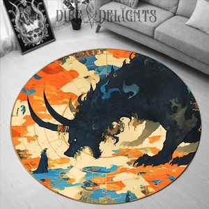 May include: A round rug with a colorful abstract design featuring a black mythical creature with horns and a long tail. The creature is standing on a circular platform with a blue and orange background.