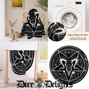 May include: Black and white throw blanket with a pentagram, skull, and occult symbols. The blanket is soft and comfortable, perfect for adding a touch of gothic style to your home decor.