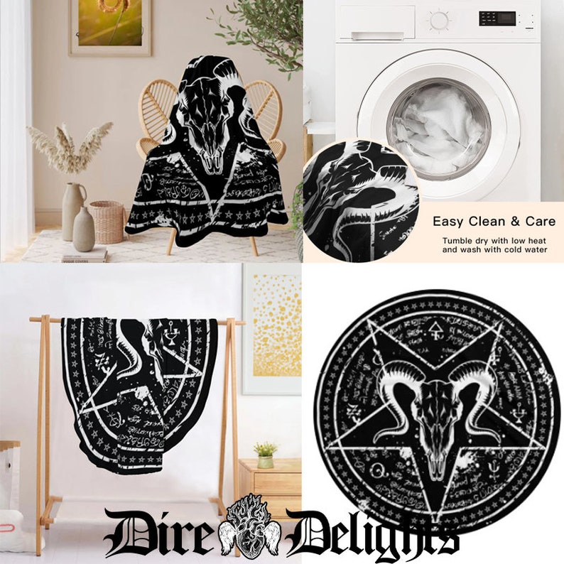 May include: Black and white throw blanket with a pentagram, skull, and occult symbols. The blanket is soft and comfortable, perfect for adding a touch of gothic style to your home decor.