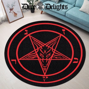 Baphomet Pentagram Mat, Goat Head Satanic Round Rug, Runes From Hell Door Mat, Gothic Sigil of Baphomet Round Carpet, Goth Witch Home Decor
