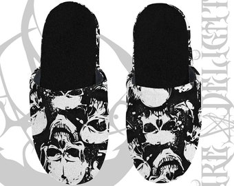 Skulls Family Slippers, Gothic Skeleton Head Warm Plush Slippers, Goth Horror Slippers, Halloween Slippers, Witchy Skull Shoes,Rock Punk Emo