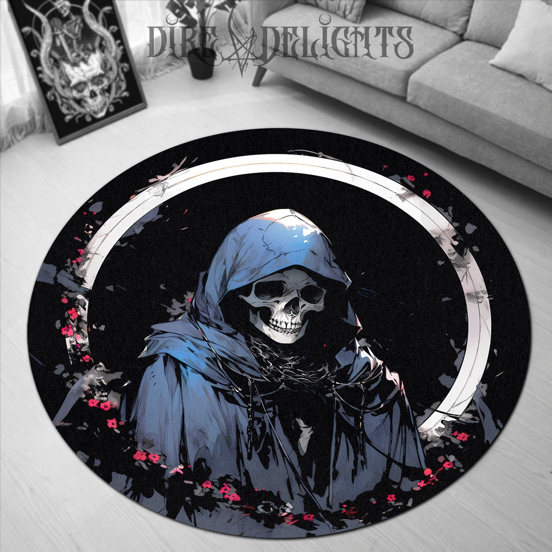 Melancholy Reaper Bloom Rug | Sad Skeleton Floral Ring Mat | Resigned ...