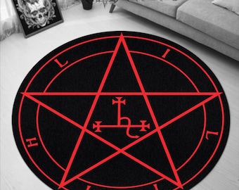 Lilith’s Sigil Round Rug,Divination Mat, Pentagram Protection Circle Carpet, Witch Gothic Rug, Rock Goth Home Decor, Mystic Ritual Rug