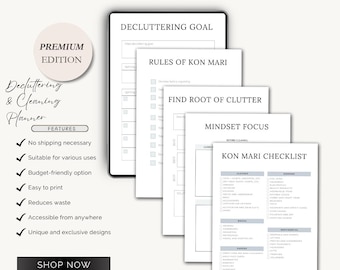 May include: A printable decluttering and cleaning planner with a black and white design. The planner includes sections for setting decluttering goals, rules of KonMari, finding the root of clutter, mindset focus, and a KonMari checklist.