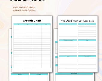 May include: A printable newborn planner with a growth chart and a section titled "The World when you were born". The planner has a light blue and white color scheme.