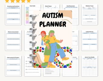 May include: A planner designed for people with autism. The cover features a colorful illustration of two people walking with handprints in the background. The planner includes sections for weekly planning, body measurements, coping skills, and more. The text "AUTISM PLANNER" is printed in black on the cover.