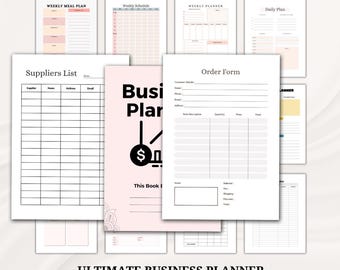Könnte beinhalten: Ein Schwarzweißbild eines Businessplaners mit dem Text "Business Planner" und einem Dollarzeichen mit einem Diagramm. Der Planer enthält Seiten für wöchentliche Speisepläne, Wochenpläne, Tagespläne, Lieferantenlisten und Bestellformulare.