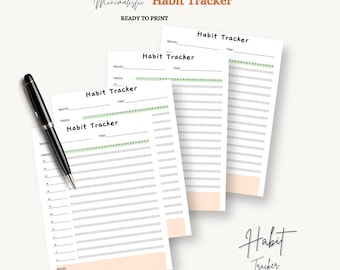 Puede incluir: Hojas de seguimiento de hábitos imprimibles con un diseño minimalista. Las hojas son blancas con texto negro y líneas verdes. El texto "Habit Tracker" está en la parte superior de cada hoja. Las hojas están listas para imprimir.
