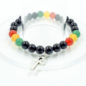 Handmade Charmed Rasta Jamaican Theme Beaded Bracelet - Boho Jewelry, Reggae Inspired Jewelry, Colorful Beaded Rasta Bracelet with Charm