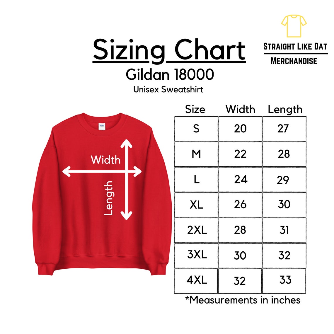 Gildan 18000 Size Chart Gildan 18000 Sizing Chart Mockup | Etsy