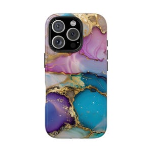 May include: A phone case with a colorful abstract design featuring swirls of purple, blue, and gold. The case has a cutout for the camera lens.