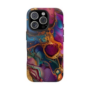 May include: A phone case with a colorful abstract design featuring swirls of purple, blue, green, and gold. The case has a cutout for the phone's camera.