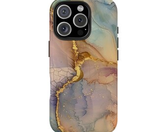 May include: A phone case with a marble design featuring shades of brown, blue, and gold. The case has a raised camera bump with a black outline.