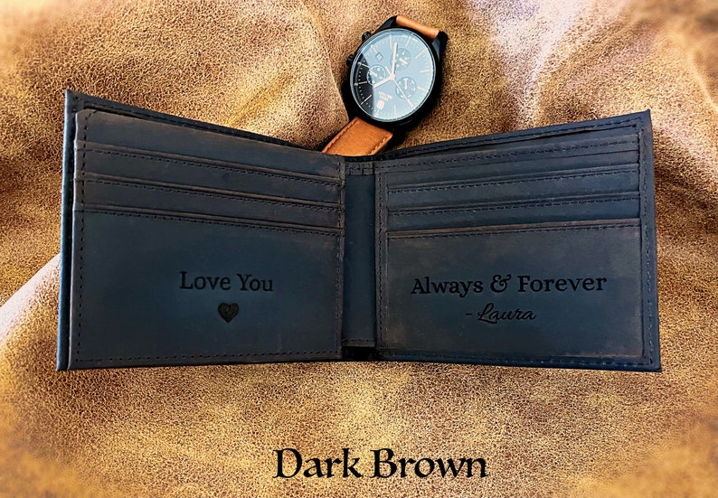 Fathers Day Gift Personalized Mens Leather Wallet For Him, Husband, Boyfriend, Graduation, Anniversary, Birthday Custom Handwriting Engraved image 2