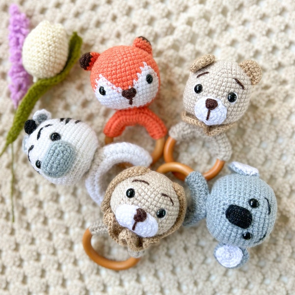 Crochet Wood Animal Baby Rattle|New Baby Handmade Wooden Toy|Baby Shower Gift | Christmas Gift Baby Stocking Fillers|Crochet rattle