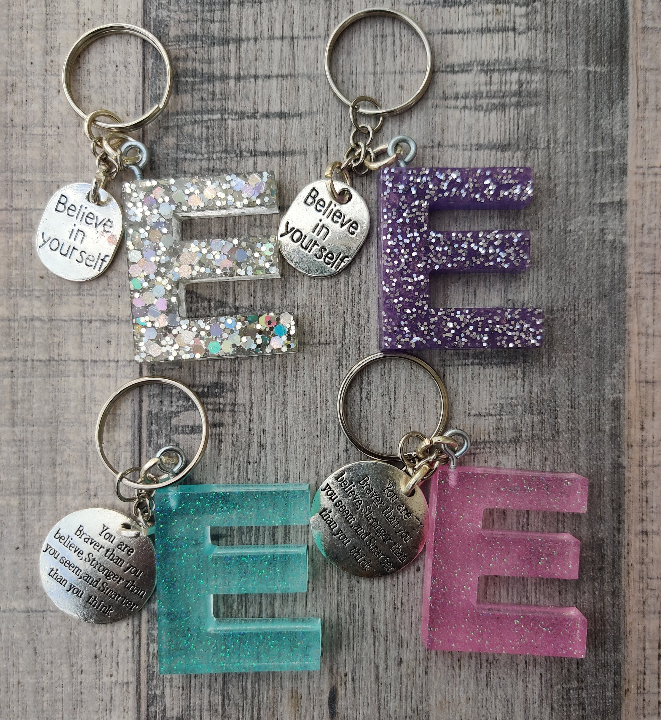 Resin Initial Key Chains With Inspirational Quotes or Crown