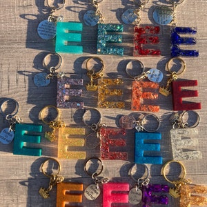 Resin Initial Key Chains with Inspirational Quotes or Crown "E"