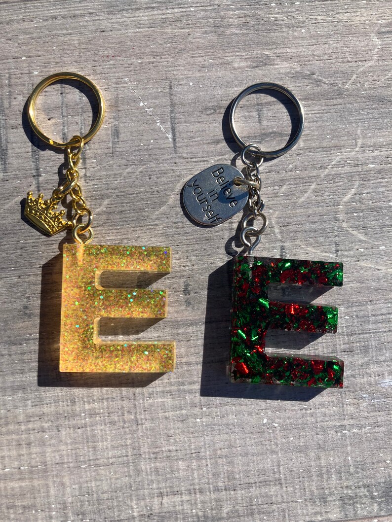 Resin Initial Key Chains With Inspirational Quotes or Crown 