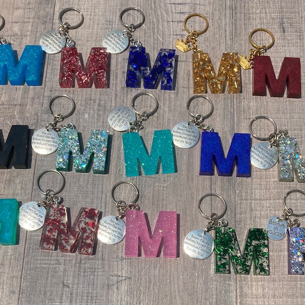 Resin Initial Key Chains with Inspirational Quotes or Crown "M"