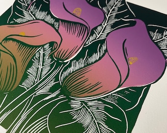 Calla Lily Linocut Print: Botanical Floral Wall Decor - Floral Print - Mother’s Day Gift - Original Art - Multicolor Linoleum Block Print