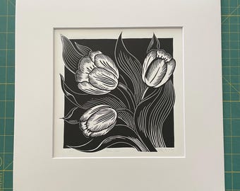 Handmade Tulips Linocut Print: Botanical Floral Wall Decor