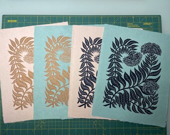 Floral Linocut Print: Handmade Botanical Art on Blush Paper