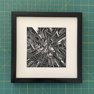 Handmade Linocut Print: Abstract Urban Cityscape Art