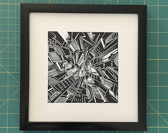 Handmade Linocut Print: Abstract Urban Cityscape Art
