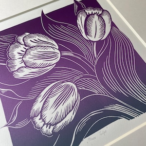 Handmade Tulips Linocut Print: Botanical Floral Wall Decor