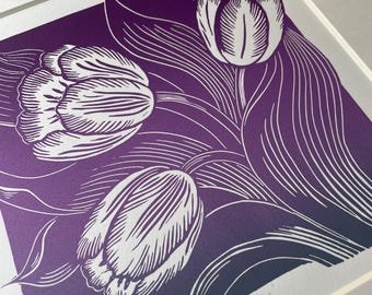 Tulips Linocut Print: Botanical Floral Wall Decor - Handmade Linocut print - Floral print