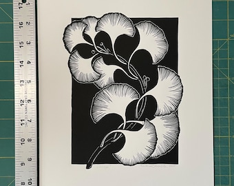 Ginkgo Leaf Linocut Print - Linoleum Block Print - Ginkgo Branch Art Print - Wall Decor - Wall Decor - Black and White Print